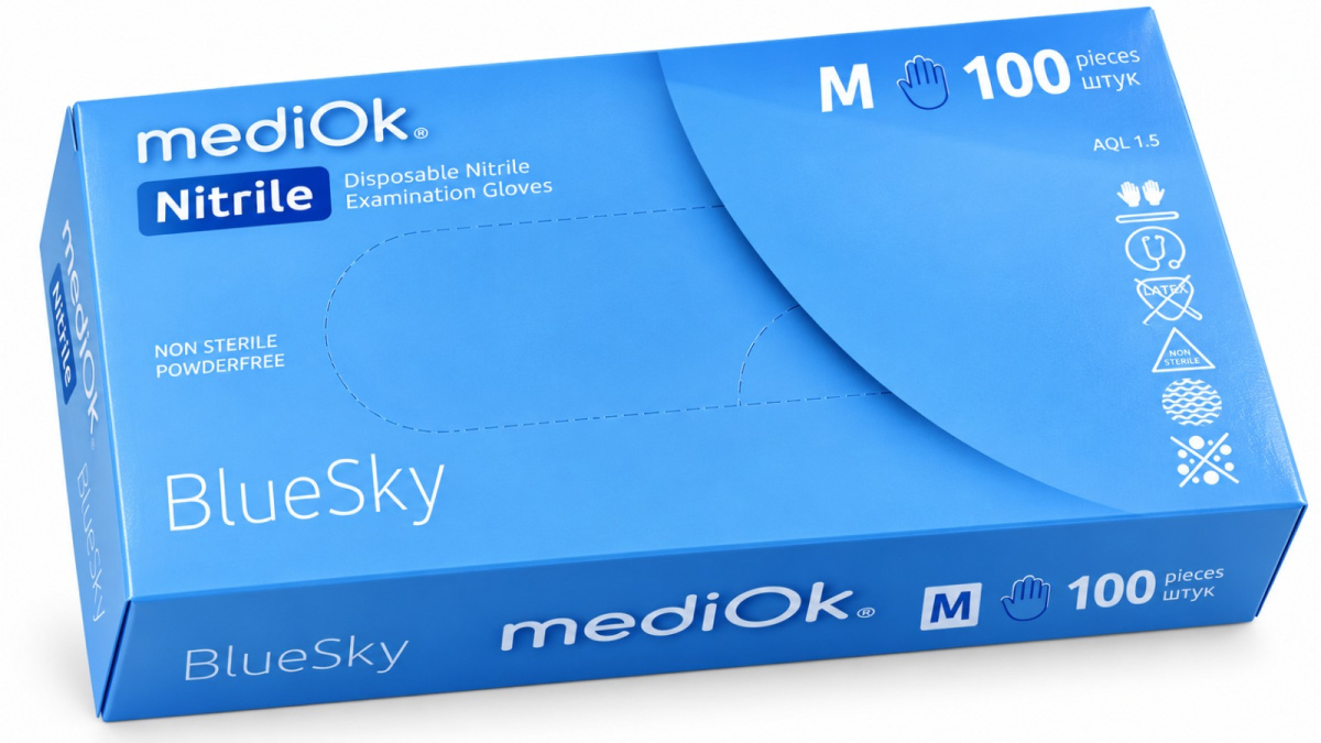 Перчатки нитрил MediOk Голубые, неопудренные, BlueSky, размер M 100шт в упак
