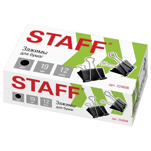 Зажимы для бумаг "STAFF" 19 мм, на 60листов, черные, 12 шт/пач 