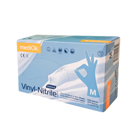 Перчатки винил-нитрил MediOk СИНИЕ, неопудренные, размер М 100шт в упак